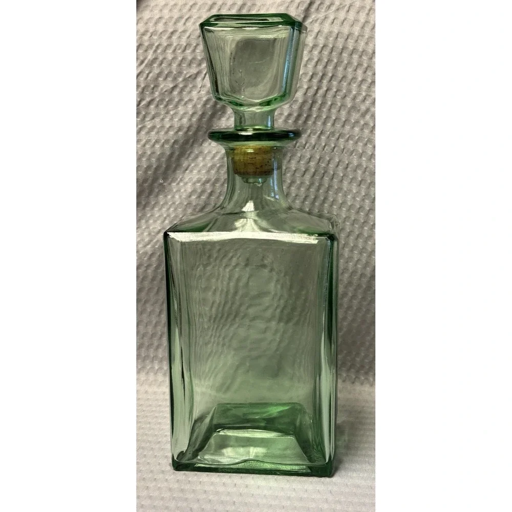 Vintage MCM Green Glass Decanter with Stopper Square Barware Collectibles 10